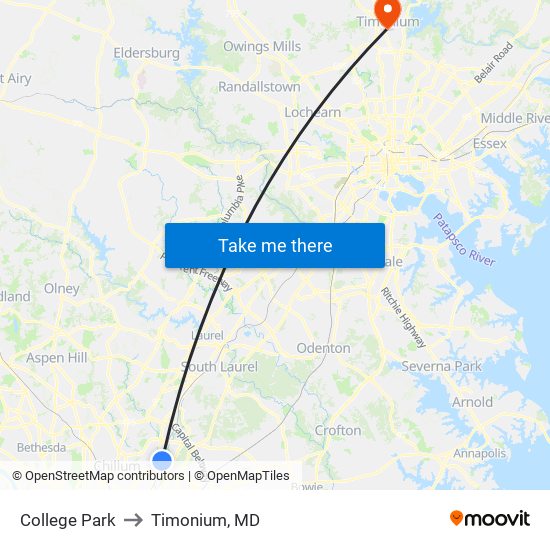 College Park to Timonium, MD map