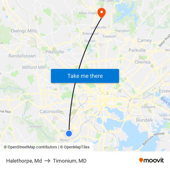 Halethorpe, Md to Timonium, MD map