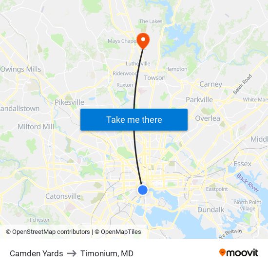 Camden Yards to Timonium, MD map