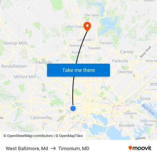 West Baltimore, Md to Timonium, MD map