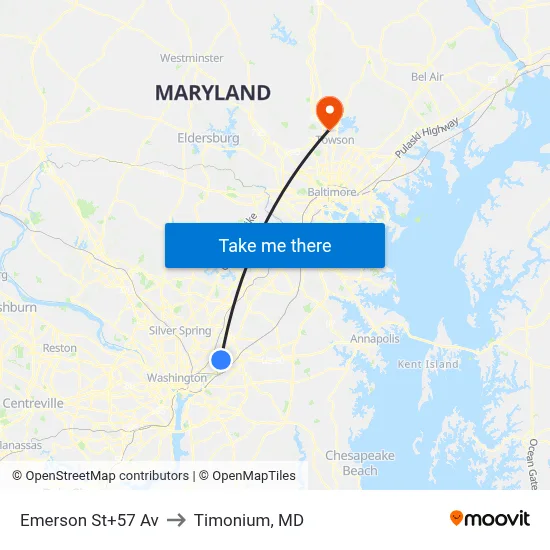 Emerson St+57 Av to Timonium, MD map