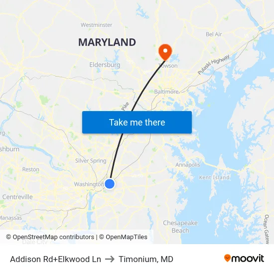 Addison Rd+Elkwood Ln to Timonium, MD map