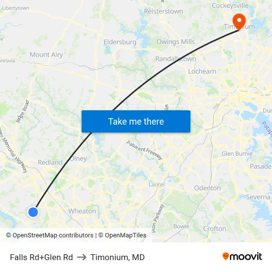 Falls Rd+Glen Rd to Timonium, MD map