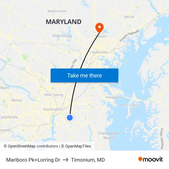 Marlboro Pk+Lorring Dr to Timonium, MD map