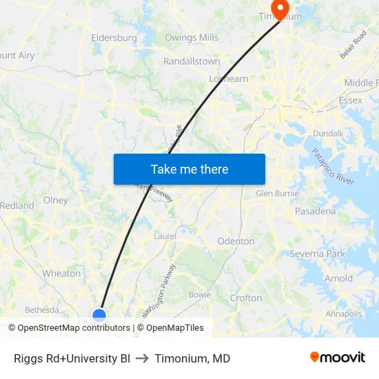 Riggs Rd+University Bl to Timonium, MD map