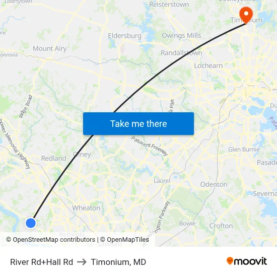 River Rd+Hall Rd to Timonium, MD map