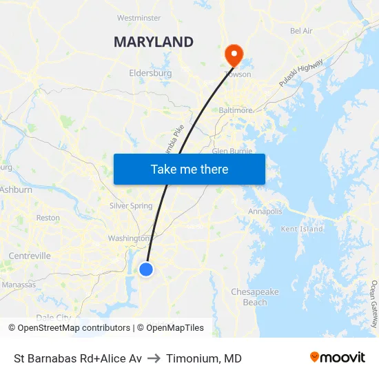 St Barnabas Rd+Alice Av to Timonium, MD map