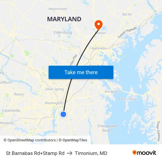 St Barnabas Rd+Stamp Rd to Timonium, MD map