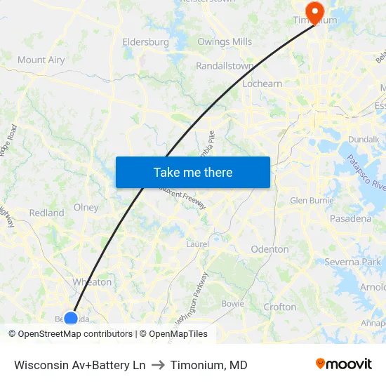 Wisconsin Av+Battery Ln to Timonium, MD map