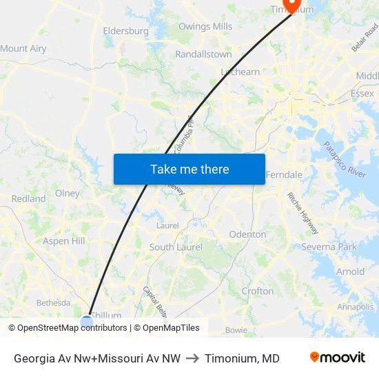 Georgia Av Nw+Missouri Av NW to Timonium, MD map