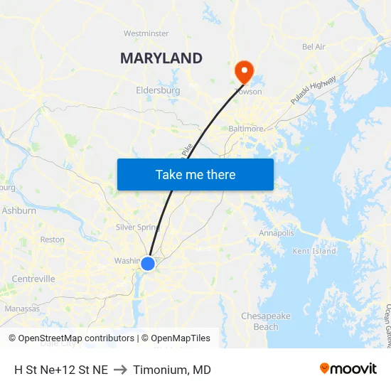 H St Ne+12 St NE to Timonium, MD map