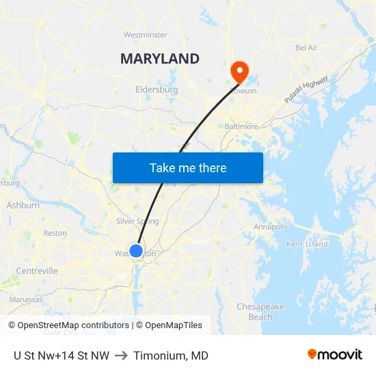 U St Nw+14 St NW to Timonium, MD map