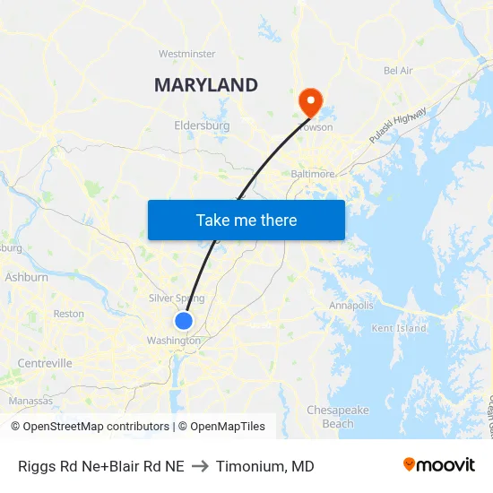 Riggs Rd Ne+Blair Rd NE to Timonium, MD map