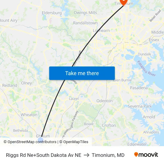 Riggs Rd Ne+South Dakota Av NE to Timonium, MD map