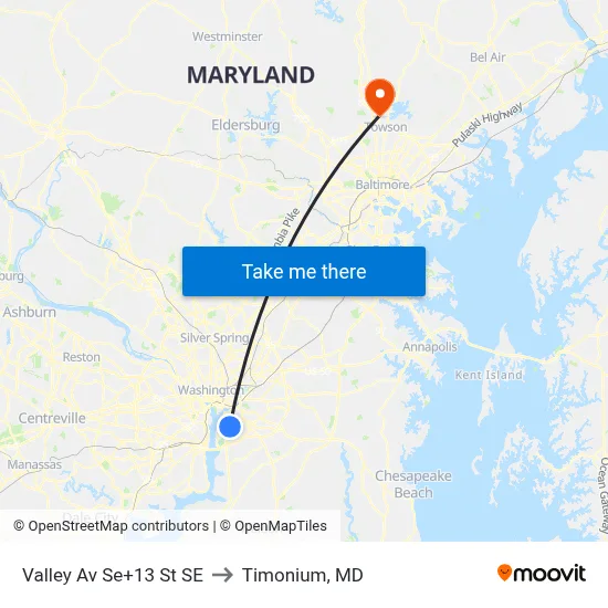 Valley Av Se+13 St SE to Timonium, MD map