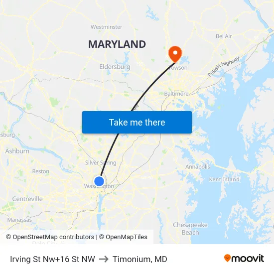 Irving St Nw+16 St NW to Timonium, MD map
