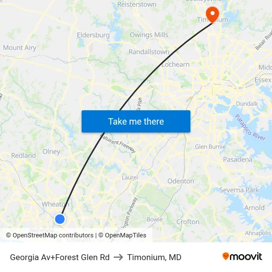 Georgia Av+Forest Glen Rd to Timonium, MD map