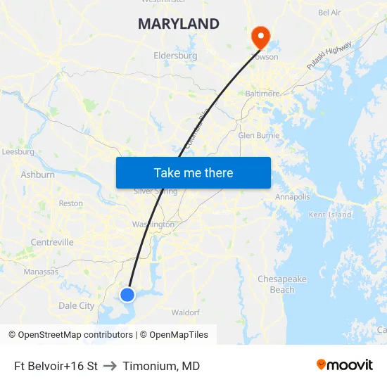 Ft Belvoir+16 St to Timonium, MD map