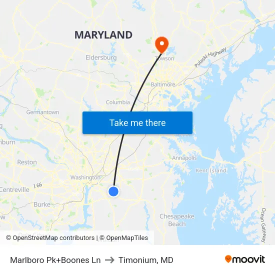 Marlboro Pk+Boones Ln to Timonium, MD map