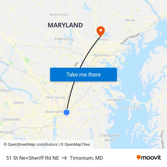 51 St Ne+Sheriff Rd NE to Timonium, MD map