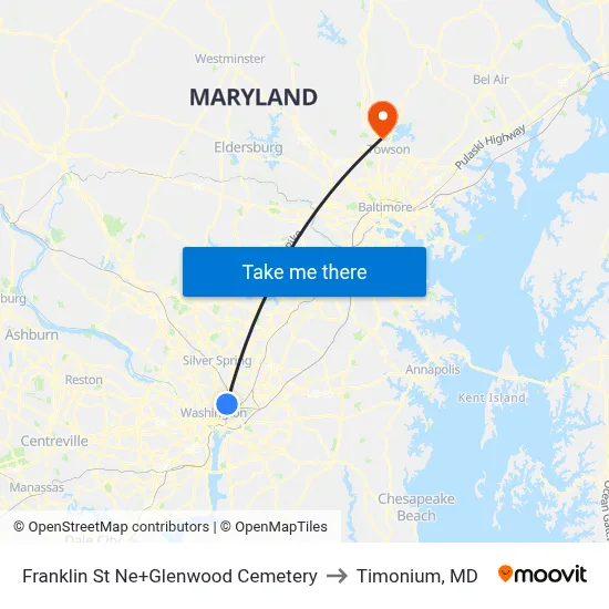 Franklin St Ne+Glenwood Cemetery to Timonium, MD map