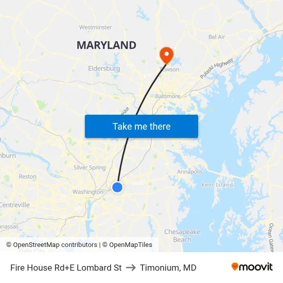 Fire House Rd+E Lombard St to Timonium, MD map