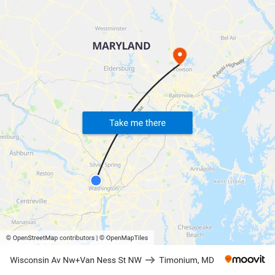 Wisconsin Av Nw+Van Ness St NW to Timonium, MD map