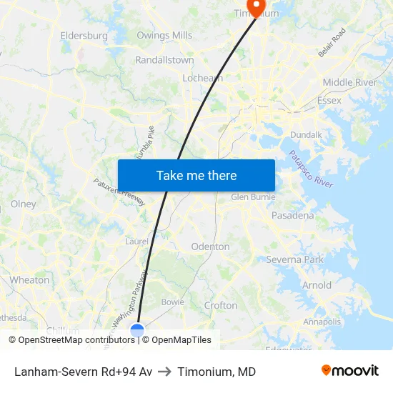 Lanham-Severn Rd+94 Av to Timonium, MD map