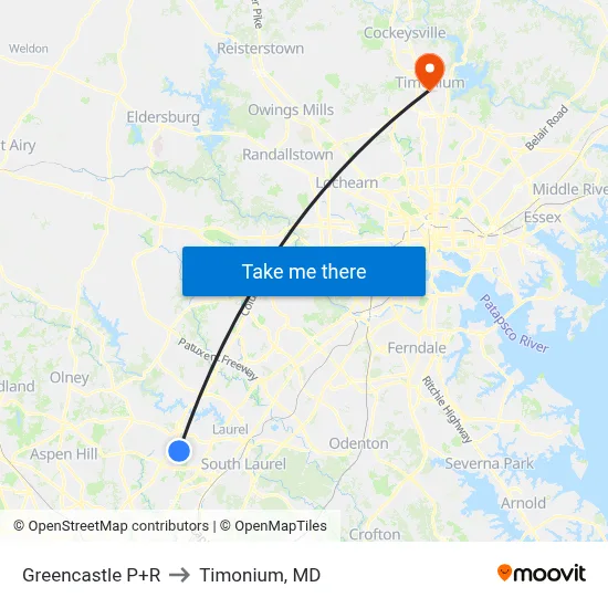 Greencastle P+R to Timonium, MD map