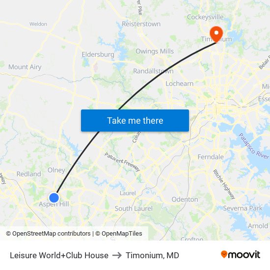 Leisure World+Club House to Timonium, MD map