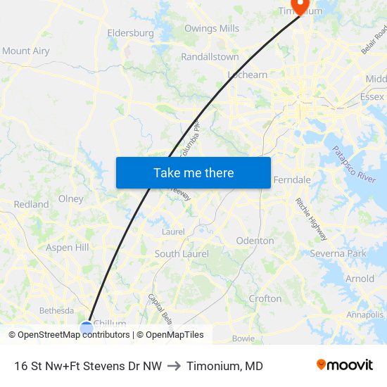 16 St Nw+Ft Stevens Dr NW to Timonium, MD map