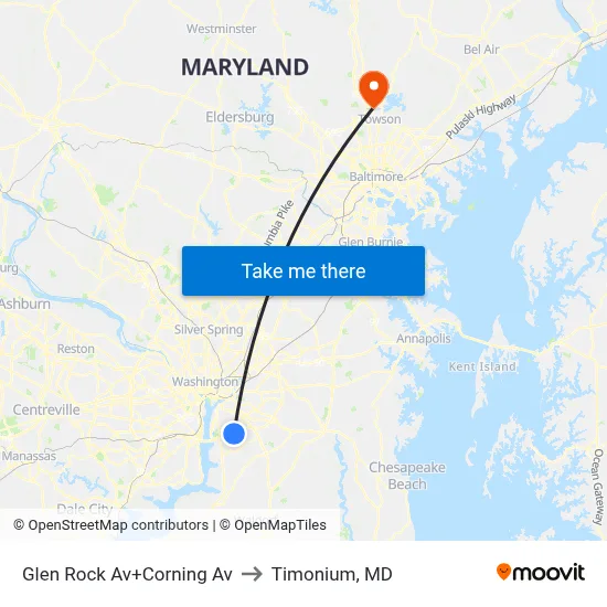 Glen Rock Av+Corning Av to Timonium, MD map
