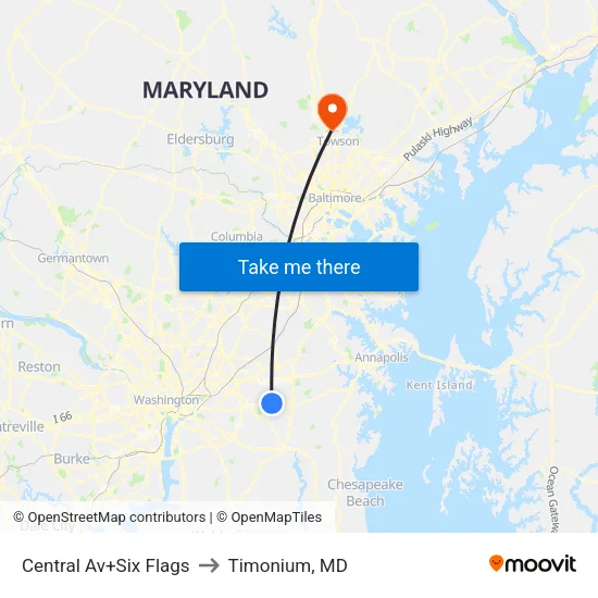 Central Av+Six Flags to Timonium, MD map