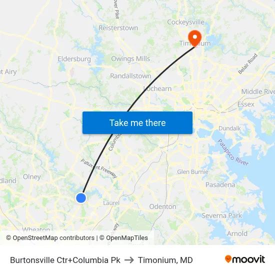 Burtonsville Ctr+Columbia Pk to Timonium, MD map