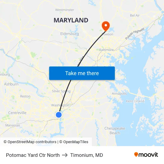 Potomac Yard Ctr North to Timonium, MD map