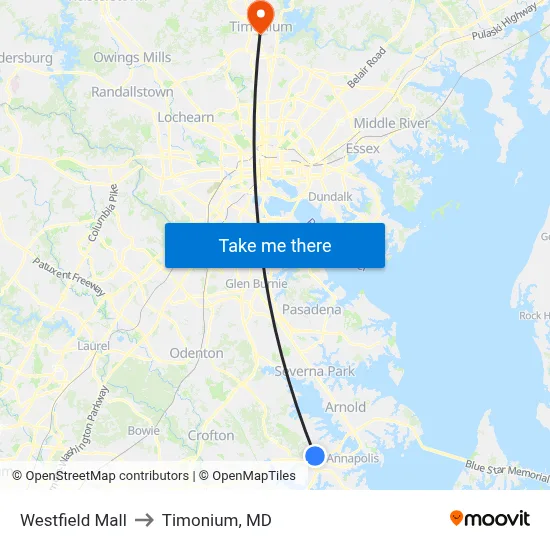 Westfield Mall to Timonium, MD map