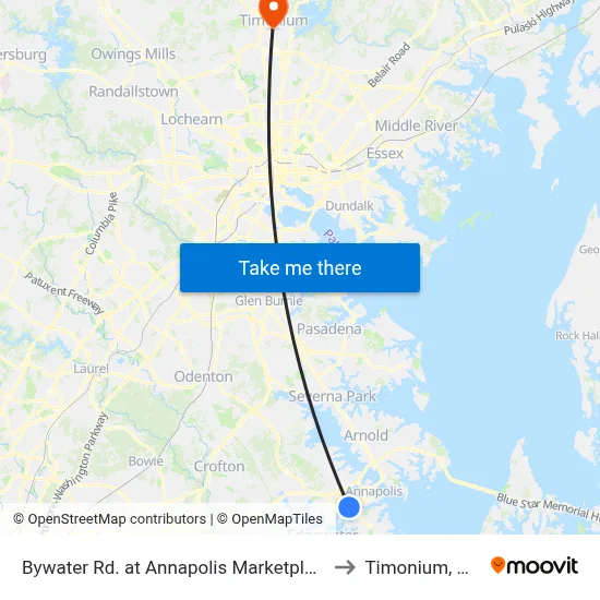 Bywater Rd. at Annapolis Marketplace to Timonium, MD map