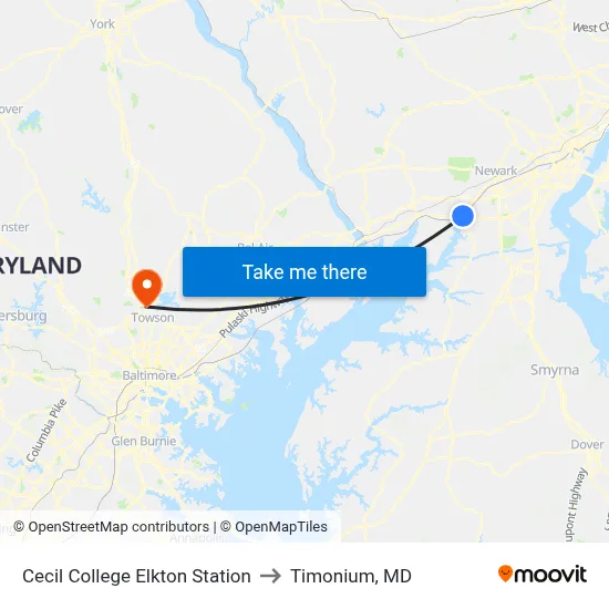 Cecil College Elkton Station to Timonium, MD map