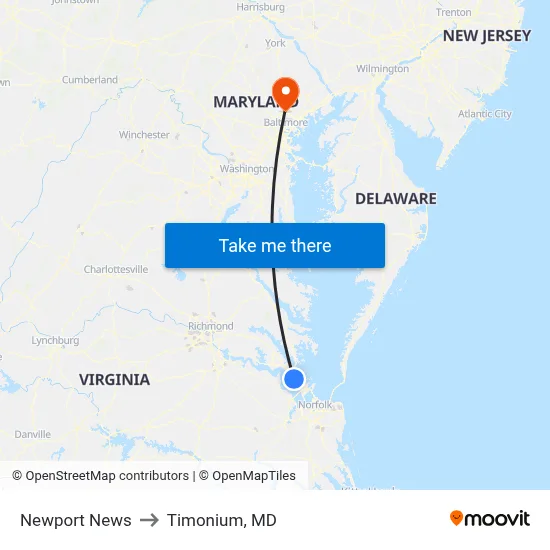 Newport News to Timonium, MD map