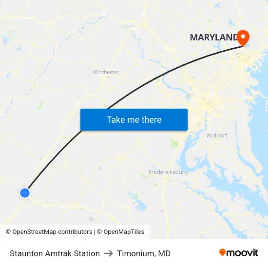 Staunton Amtrak Station to Timonium, MD map