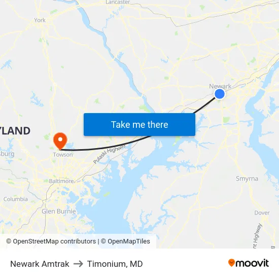 Newark Amtrak to Timonium, MD map