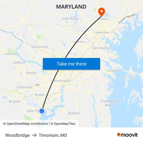 Woodbridge to Timonium, MD map