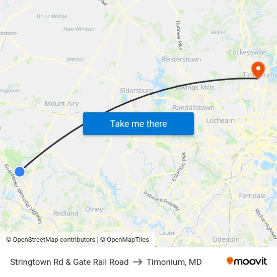 Stringtown Rd & Gate Rail Road to Timonium, MD map