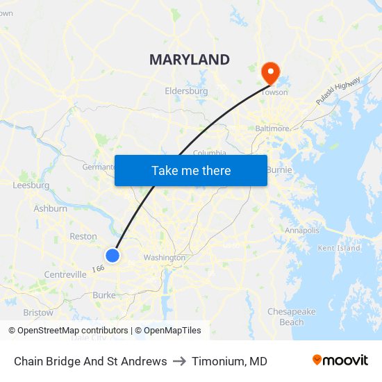 Chain Bridge And St Andrews to Timonium, MD map