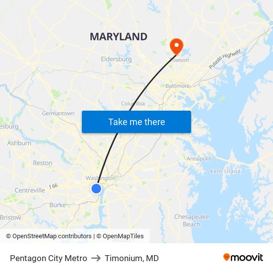 Pentagon City Metro to Timonium, MD map