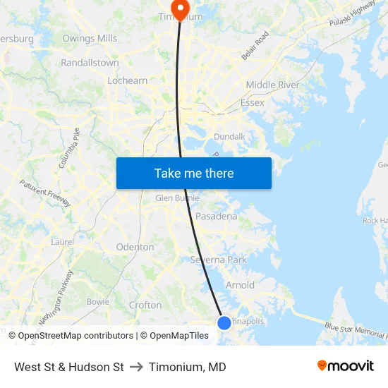 West St & Hudson St to Timonium, MD map
