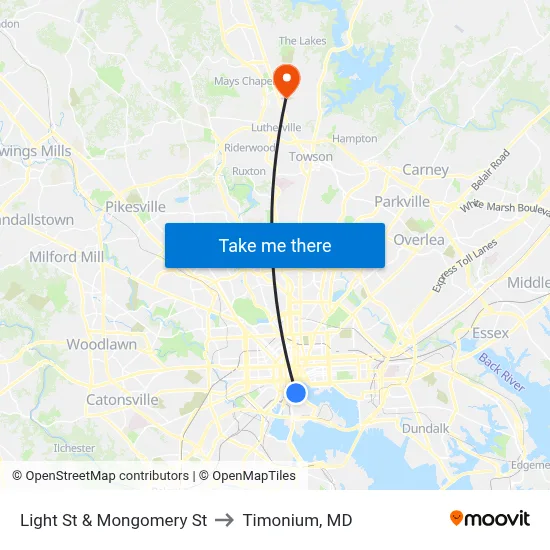 Light St & Mongomery St to Timonium, MD map