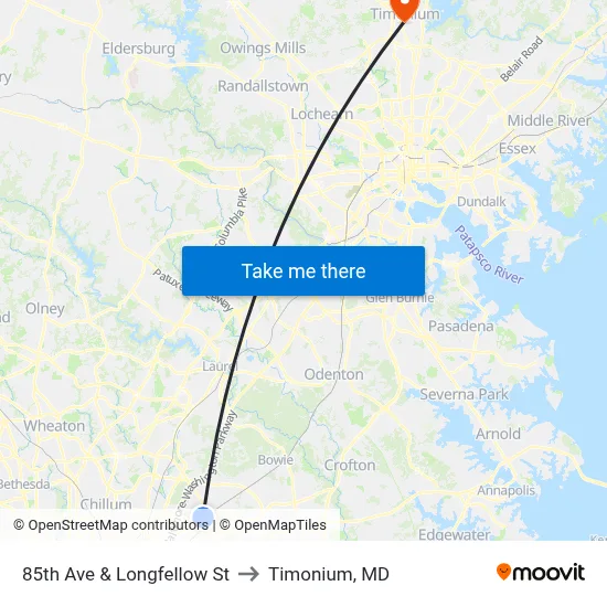 85th Ave & Longfellow St to Timonium, MD map