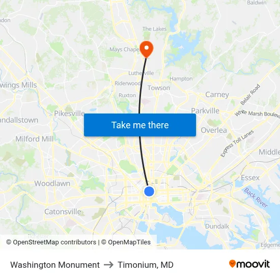 Washington Monument to Timonium, MD map