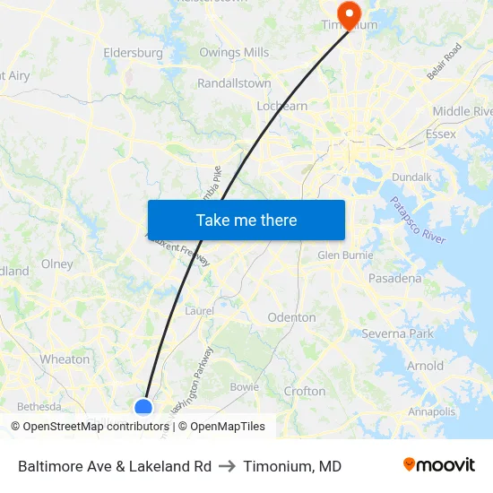 Baltimore Ave & Lakeland Rd to Timonium, MD map